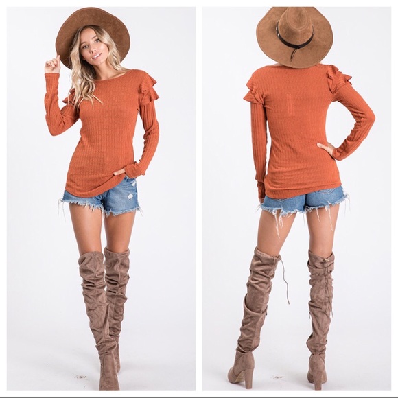 CLEARANCE-FIRM‼️Katelynn Ruffled Shoulder Top-Rust - Picture 6 of 8